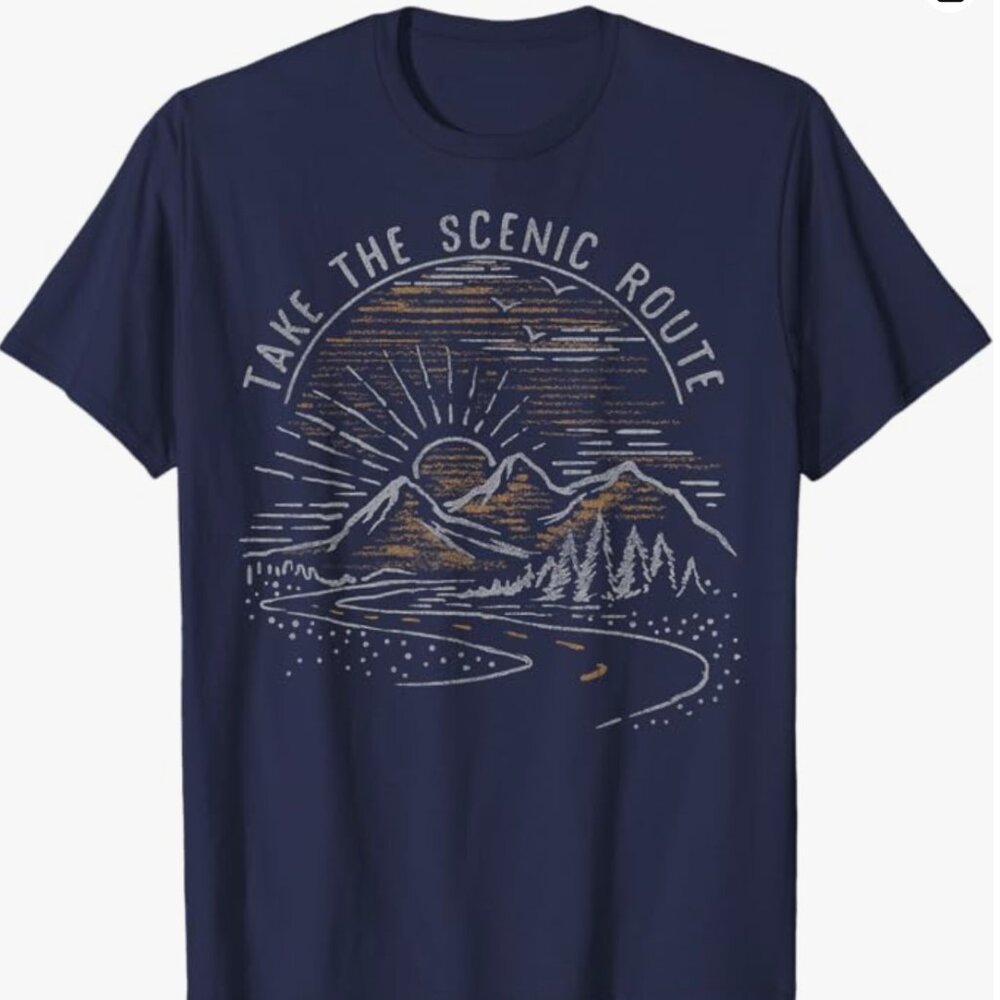 Mens Take The Scenic Route Mountain Sunrise Sketch T-Shirt - Mens size Medium
